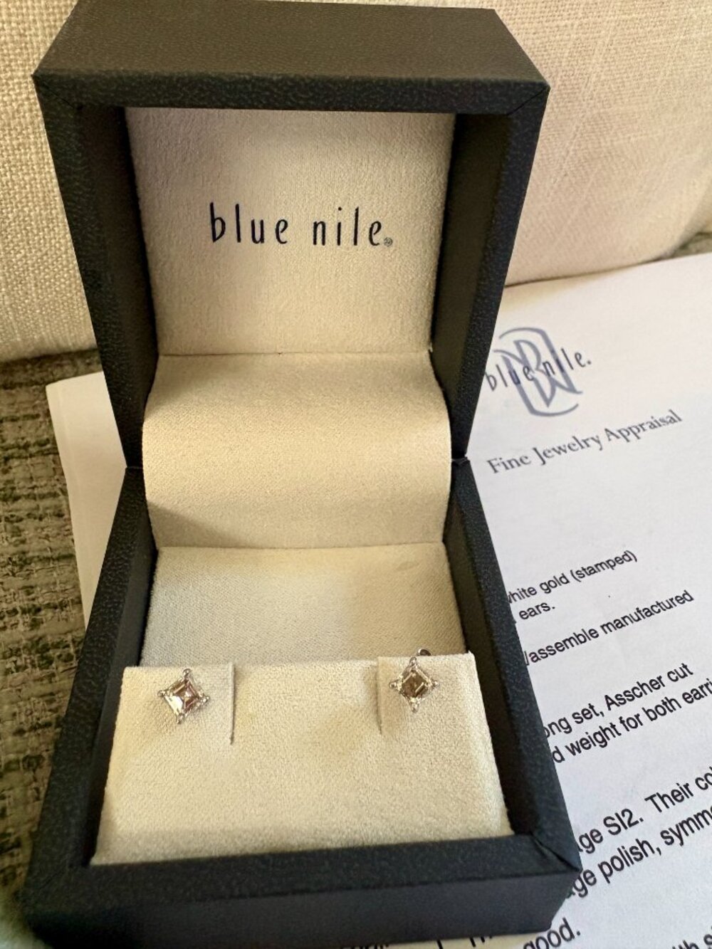 Blue Nile Asscher Cut Diamond Stud Earrings .75ct White Gold